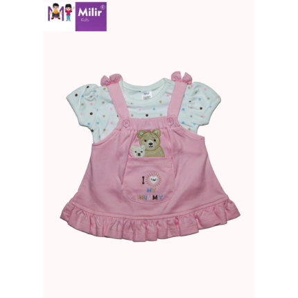 Polka dotted inner tee with pink pinafore -Front