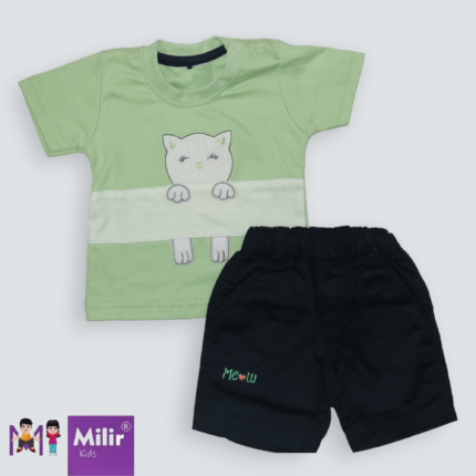 Baby boy Cat print Tshirt + shorts - Pista green