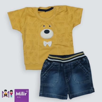 Baby boy Teddy print T shirt +Denim Shorts - Gold