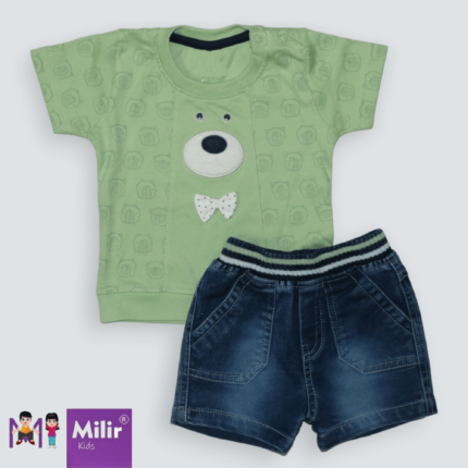 Baby boy Teddy print T shirt +Denim Shorts - Pista Green