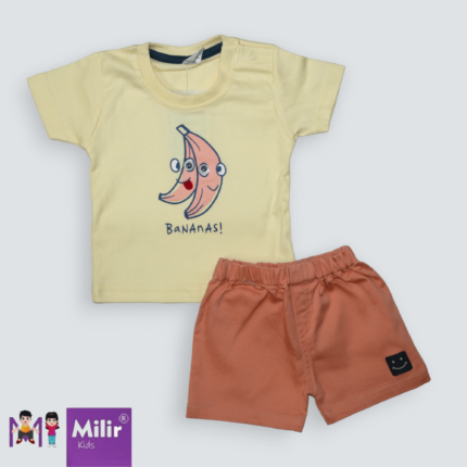 Baby boy banana print Tshirt+shorts - Cream and Peach
