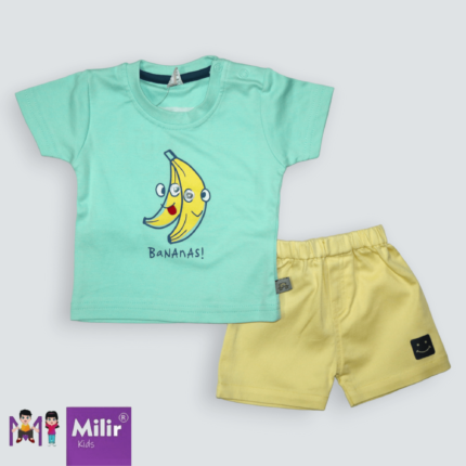 Baby boy banana print Tshirt+shorts - S.Green and Cream