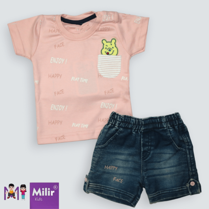 Baby boy casual Tshirt + Denim shorts - Peach