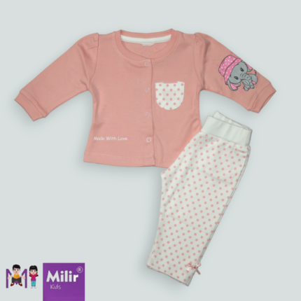 Baby girl full sleeve front open top with full pant - Pink