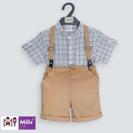 Baby boy suspender set - checked shirt+khaki short