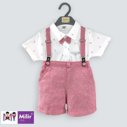 Baby boy suspender set with printed white shirt+ short