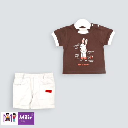 Baby boys bunny print Tshirt with half pant - Brown