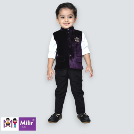 Boys Full sleeve white chinese collar shirt and pant with velvet Nehru jacket - Purple