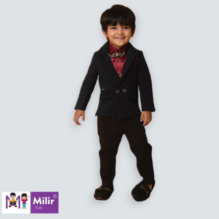 Boys Printed full sleeve partyshirt with overcoat and pant - Black