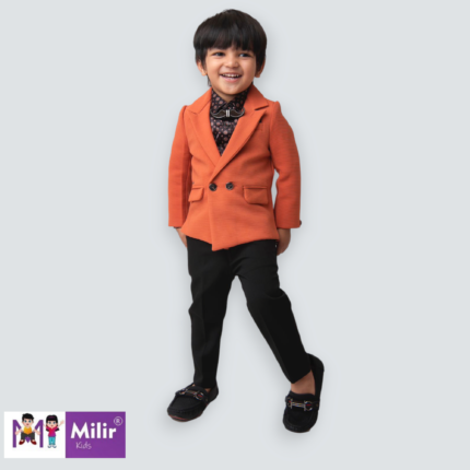 Boys Printed full sleeve partyshirt with overcoat and pant - Rust