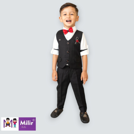 Boys White full sleeve shirt and pant with checked waist coat and bow - Black