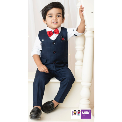 Boys White full sleeve shirt and pant with checked waist coat and bow - Navy