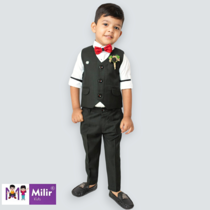 Boys White full sleeve shirt and pant with checked waist coat and bow - Olive