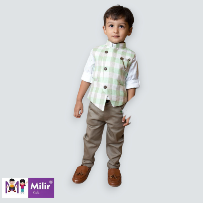 Boys full sleeve printed shirt with checked waistcoat and pant - Green