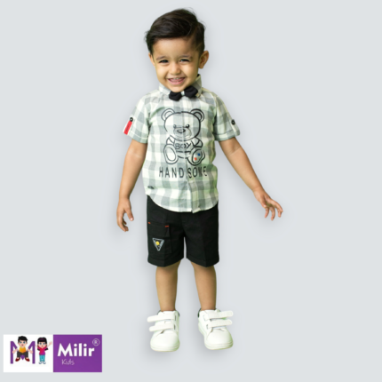 Boys half sleeve checked shirt with bow and shorts - Off white
