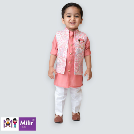 Boys kurta pajama set with printed overcoat - Pink