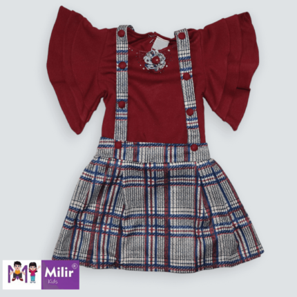 Butterfly sleeve top with dungree skirt-Maroon
