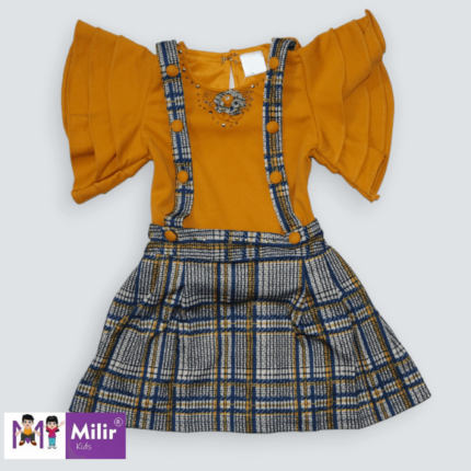 Butterfly sleeve top with dungree skirt-Mustard yellow