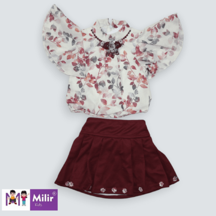 Butterfly sleeves flower printed top with skirt -Maroon