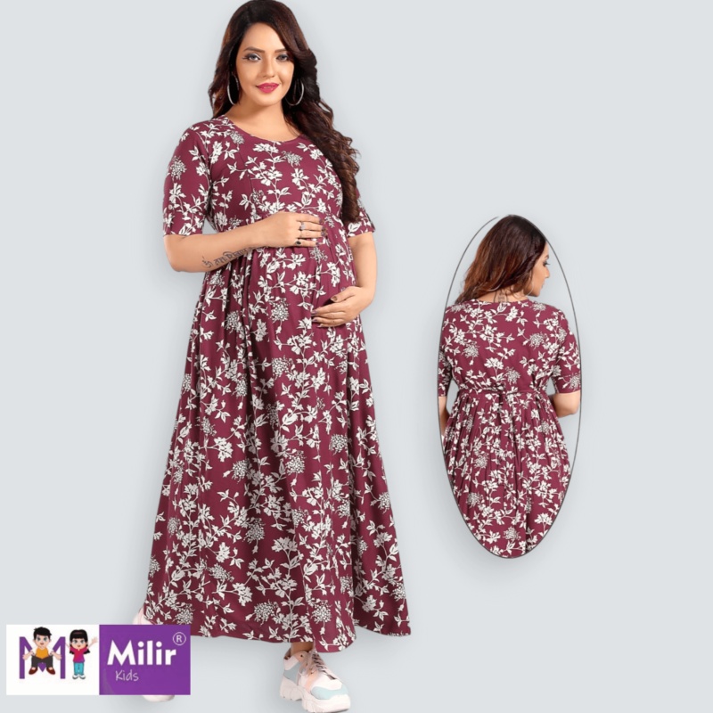Floral printed full length maternity gown - Purple
