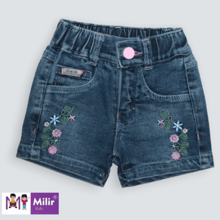 Girls Floral embroidered Denim shorts - Deep Blue