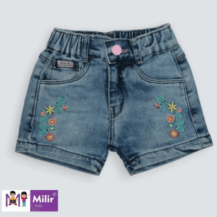 Girls Floral embroidered Denim shorts - Light Blue