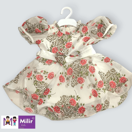 Girls Rose printed frock with puff sleeves - off-white