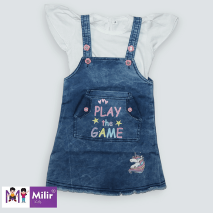 Girls denim pinafore and white top with a backpack