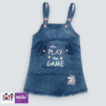 Girls denim pinafore and white top with a backpack2