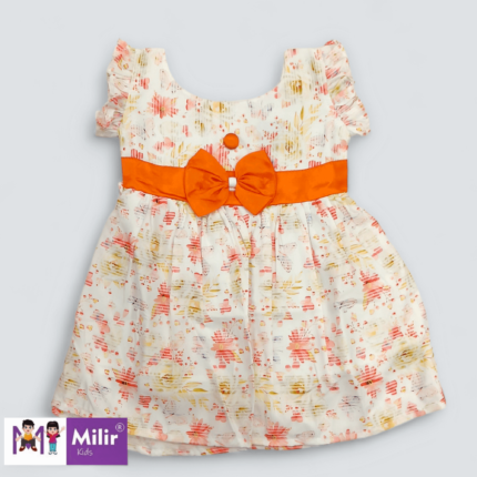 White and Orange floral frock with pleated sleeves