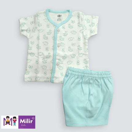 white Front open printed top and half pant - Sea green