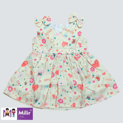 Sleeveless printed frock with bow - Cream