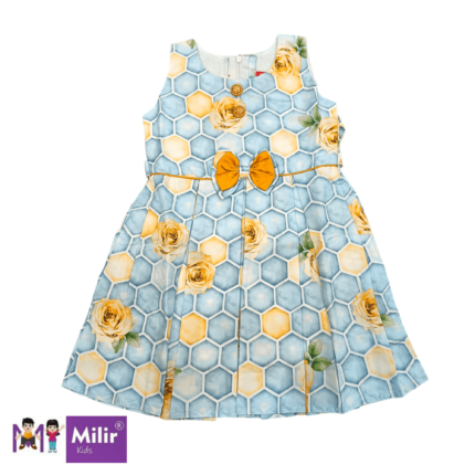 Rose printed frock with bow applique - Blue and yellow