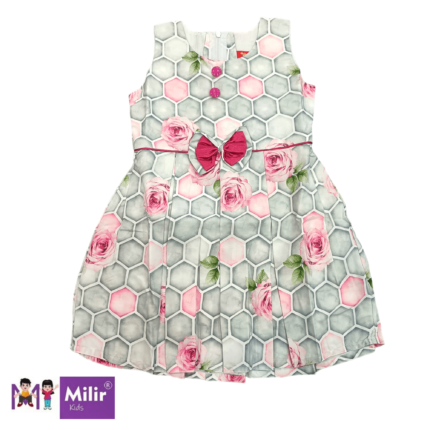 Rose printed frock with bow applique - Grey and pink