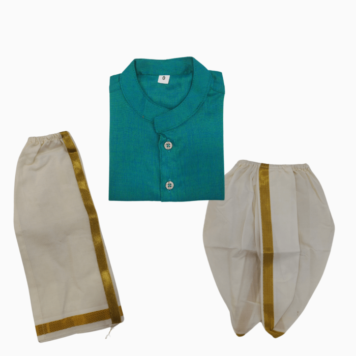 Traditional 3pcs Shirt, dhoti and dhoti pant - 0-3m - Bluish green