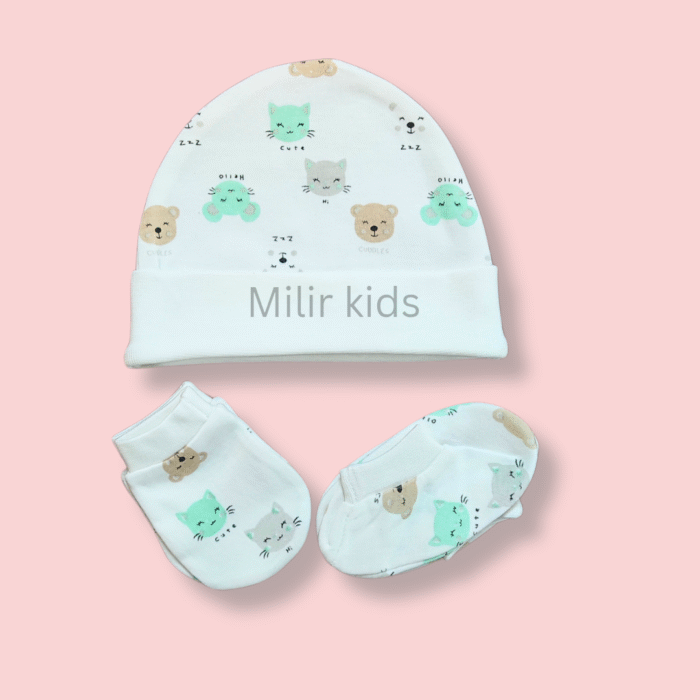 Cotton cap set - Newborn - kitties,Green