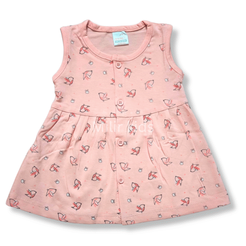 Girls Sleeveless Frontopen frock - Birds, Pink