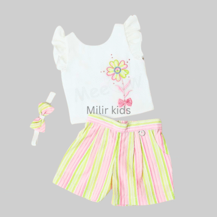 Girls Casual cute top with shorts set - White