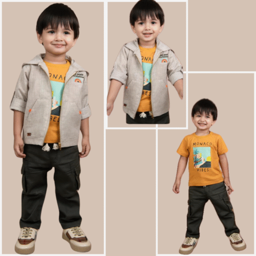 Boys trendy casual outfit beige jacket with olive green cargo pant& mustard t shirt