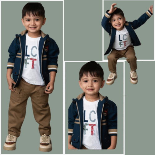 Sporty and casual stylish outfit with navy blue jacket,white t shirt & brown cargo style pant