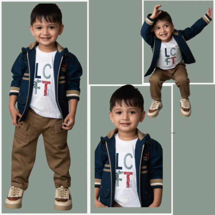 Sporty and casual stylish outfit with navy blue jacket,white t shirt & brown cargo style pant
