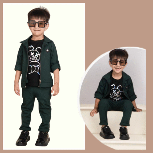 Boys trendy casual green outfit with jogger type pant & black t shirt