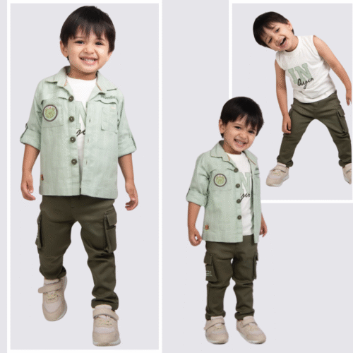 Boys light green button up shirt with olive green cargo pant with t shirt