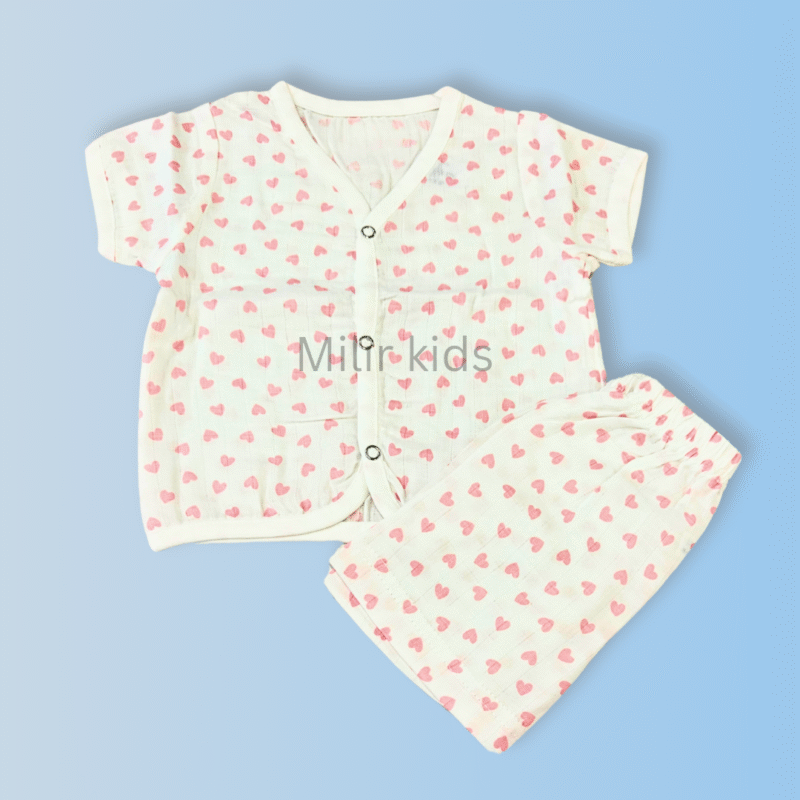 Muslin Jabla set - Half sleeves, Pink hearts